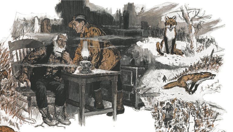 An illustration of hunters at a table with foxes running