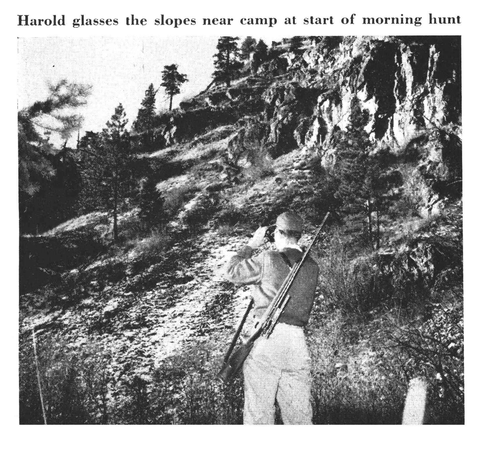 An old black and white photo of a hunter glassing