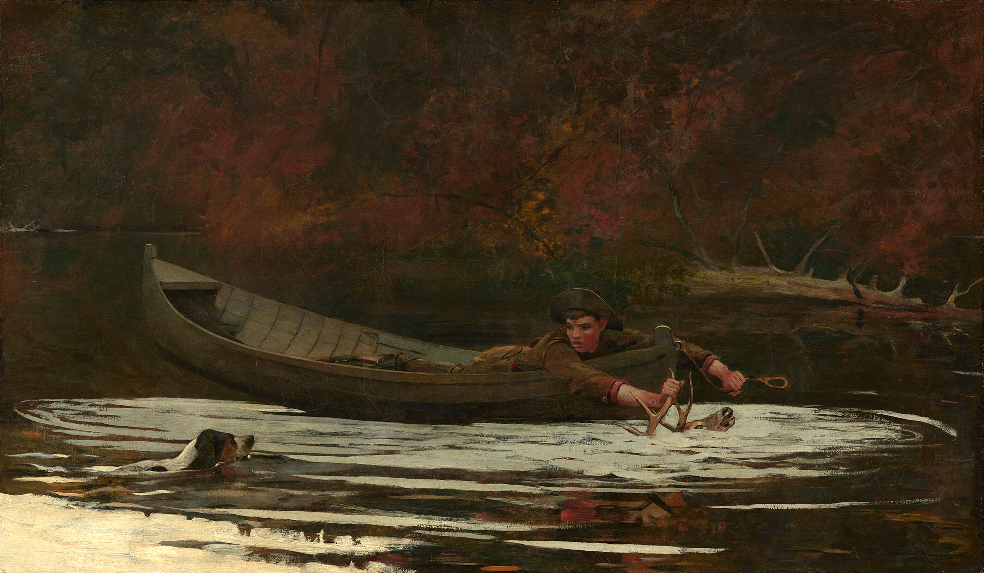 A painting by Winslow Homer of a boy in a boat grabbing a whitetail deer out of the water from his boat.