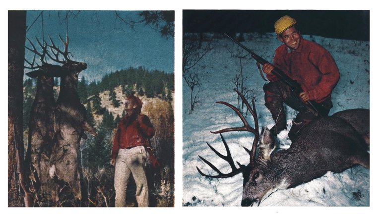 Two old color photographs of mule deer hunters