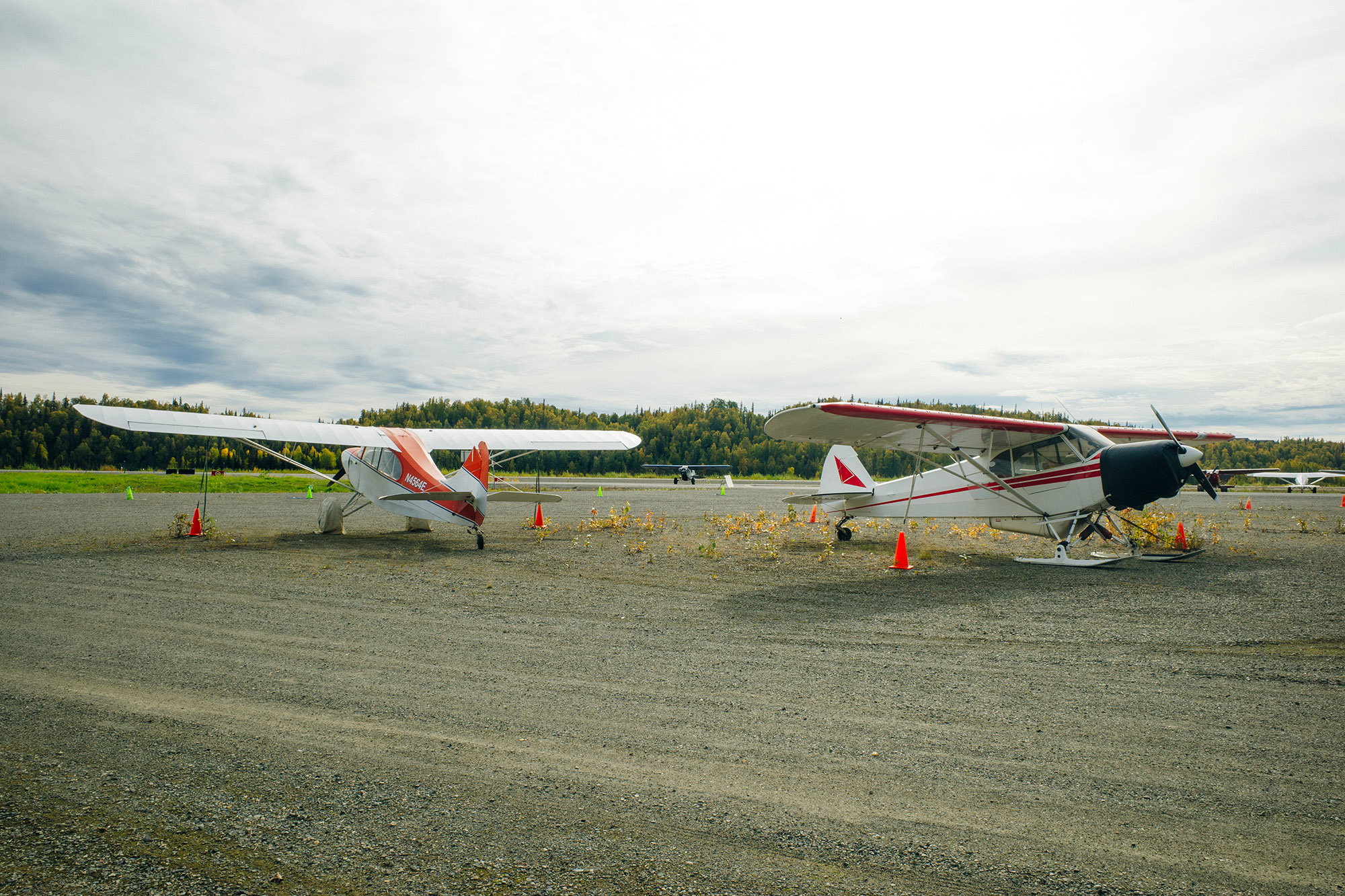 Bush planes parked on a gravel tarmac.