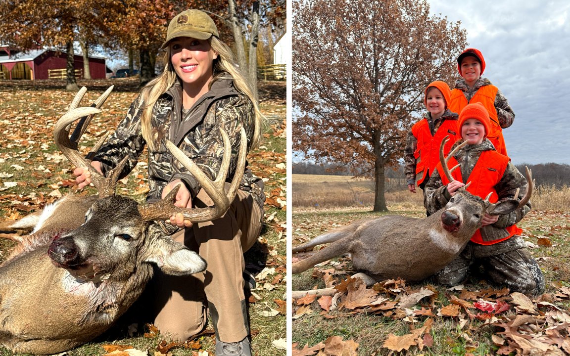 A Wisconsin hunter with a big buck on opening day; a young hunter with he first deer, also tagged on opening day.