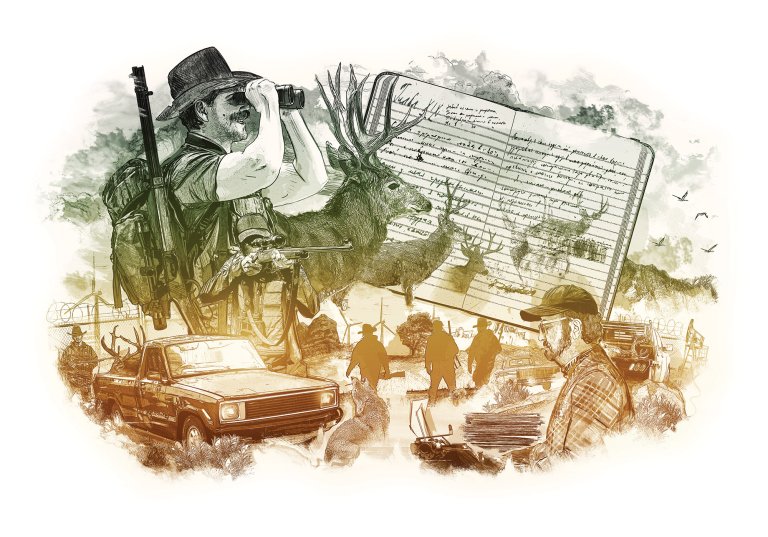 An illustrated collage of scenes from deer hunting.