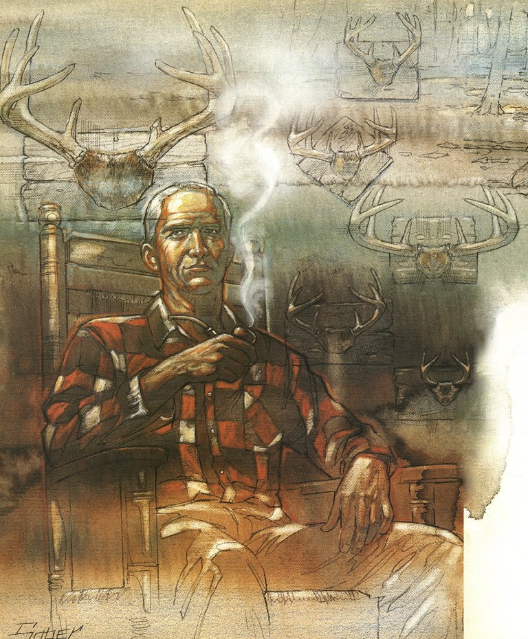 An illustration of a man smoking a pipe in a deer camp