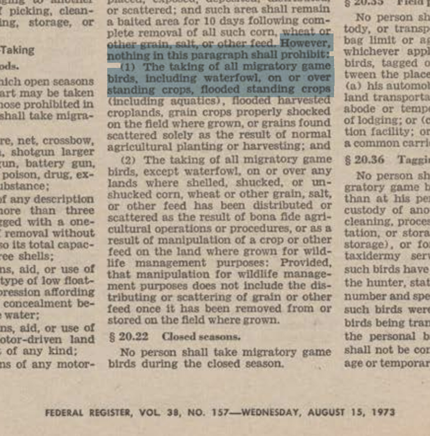 A screenshot from the federal register showing hunting flooded crops is legal.