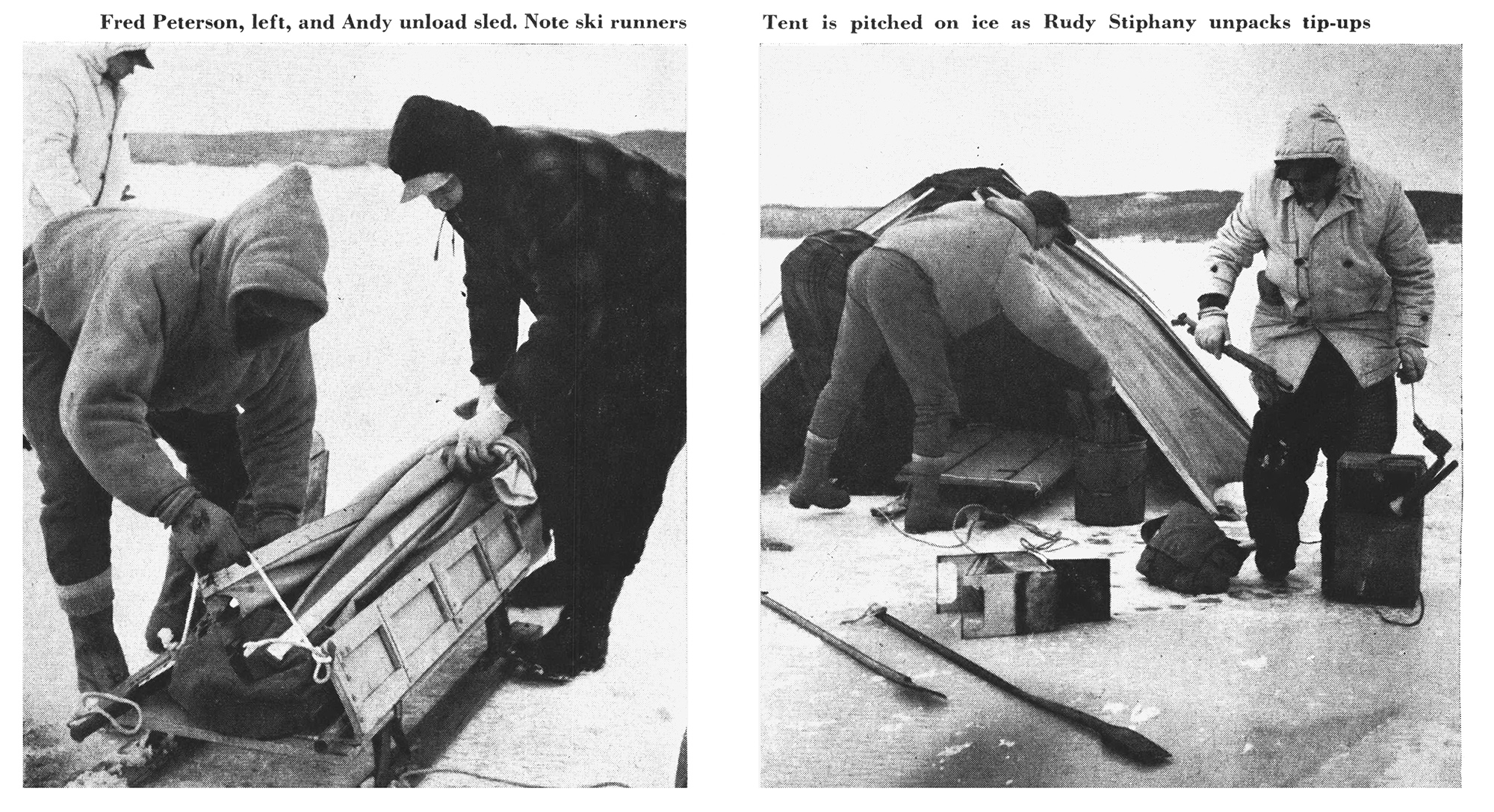 Old black and white photos of ice sleds.