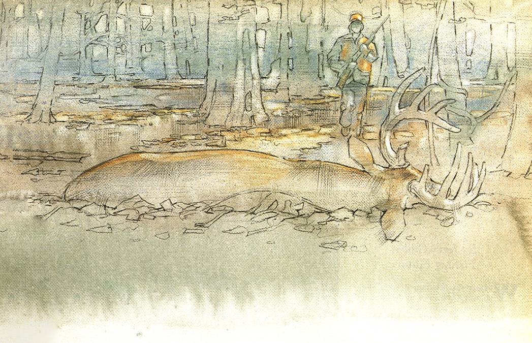 An illustration of a kid walking up on a big buck