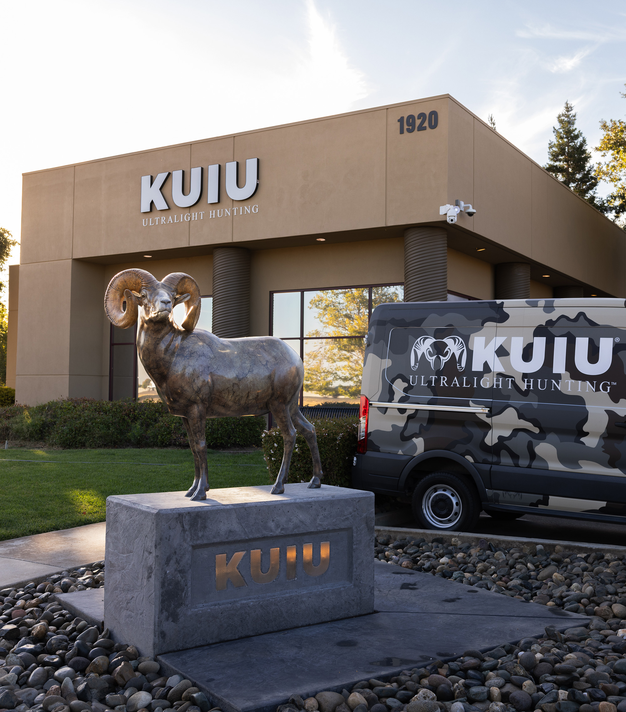 A statue on a concrete base in front of the Kuiu headquarters that was stolen.