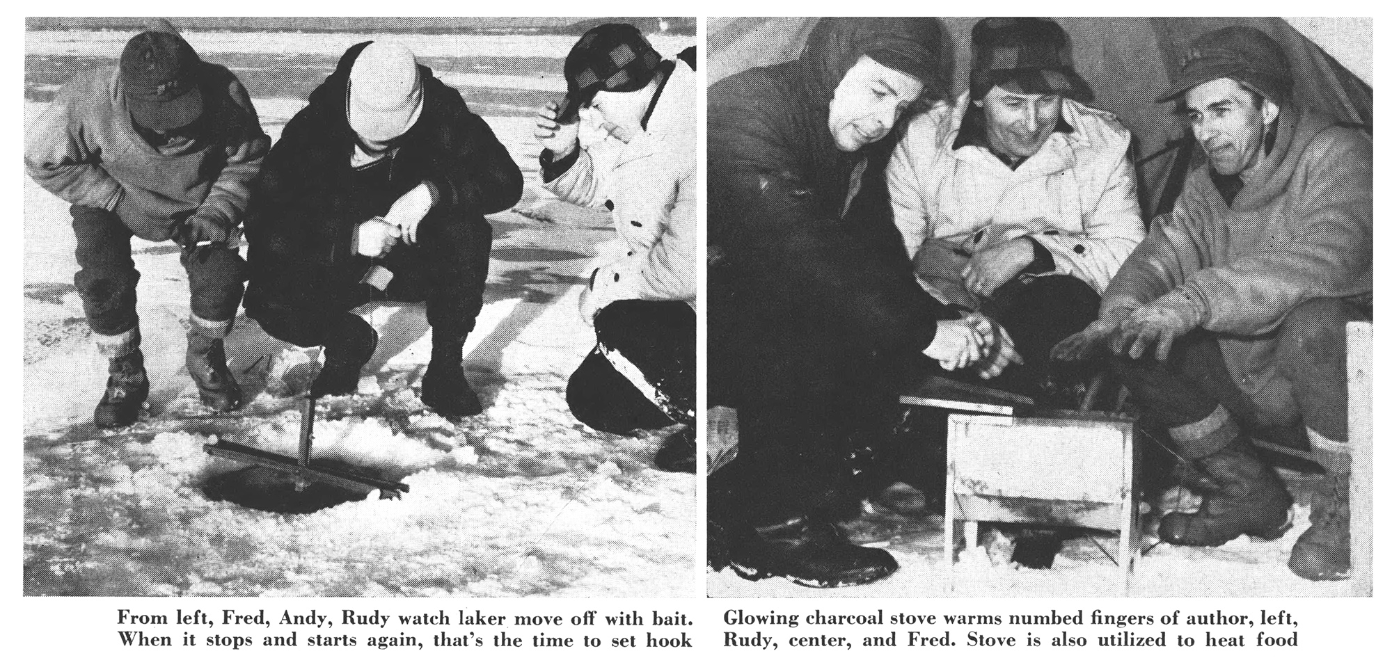 Two old black and white photos of ice fishermen.