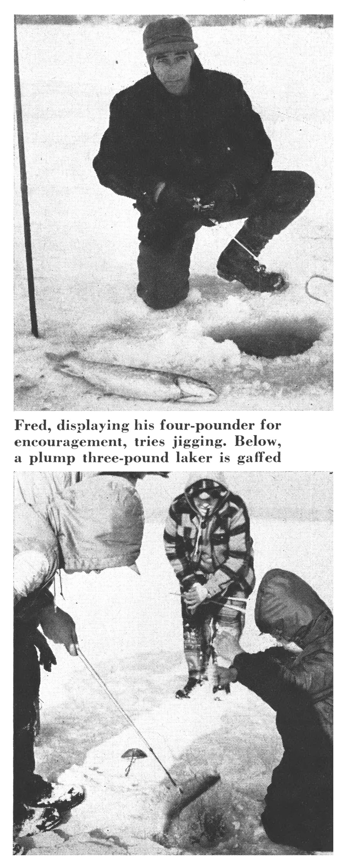 Two old black and white ice fishing groups