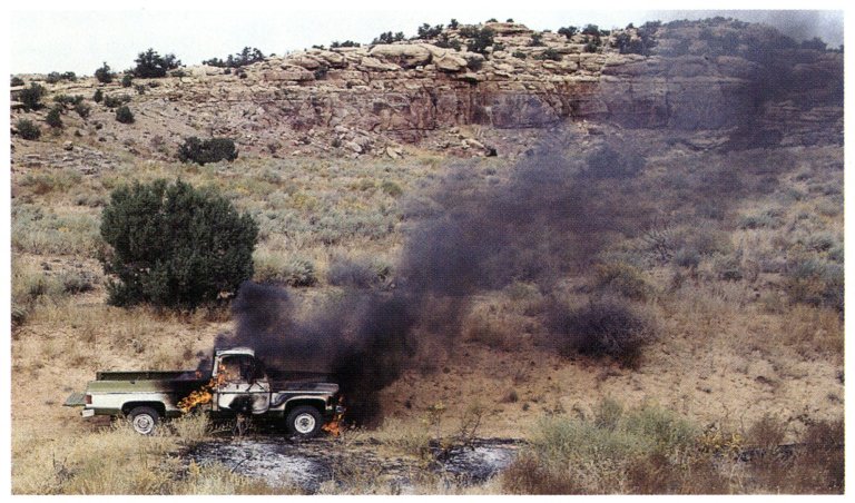 A hunter's pickup truck caught fire in the desert.