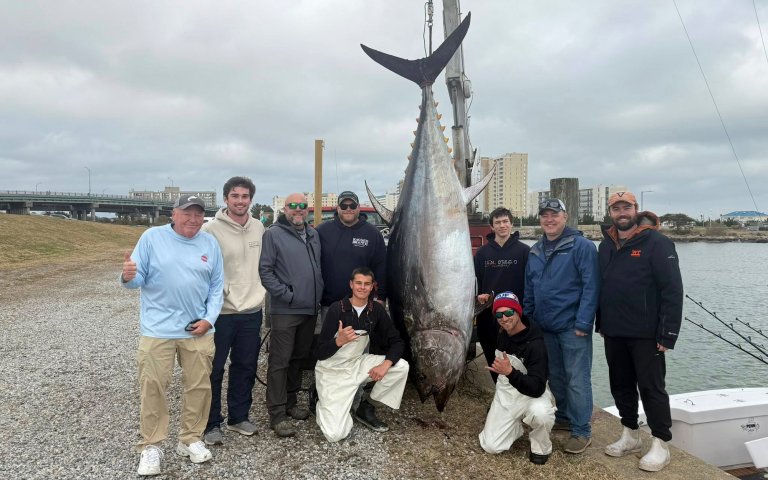 A crew of anglers with the Virginia record bluefin tuna.