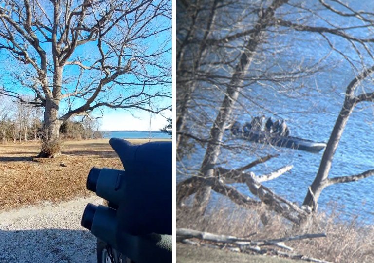 Composite photos of body cam footage and a group of duck hunters.