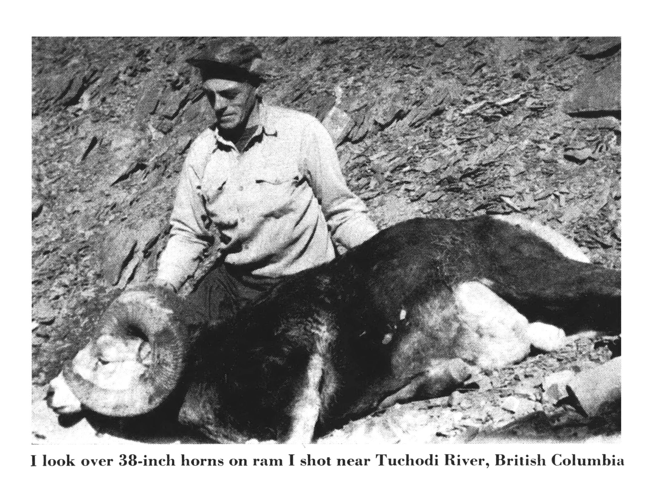 A black and white photo of a hunter sitting behind a ram.