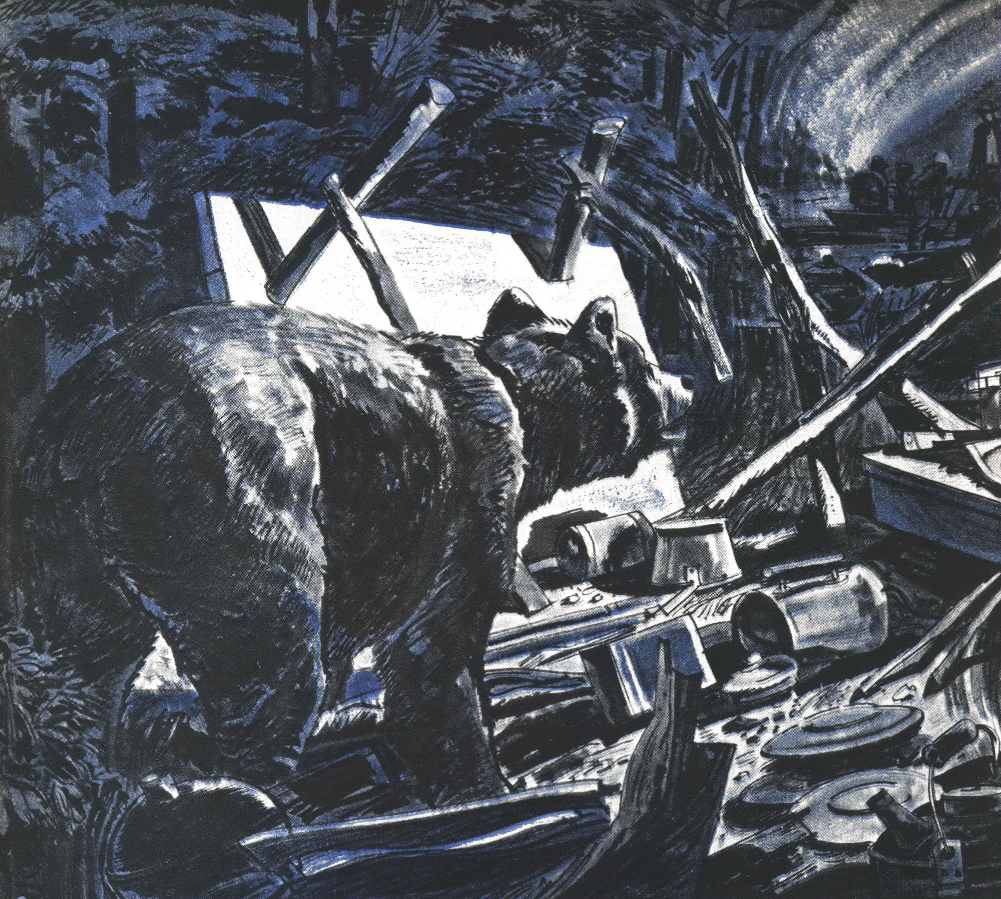 An illustration of a bear in a camp site at night.