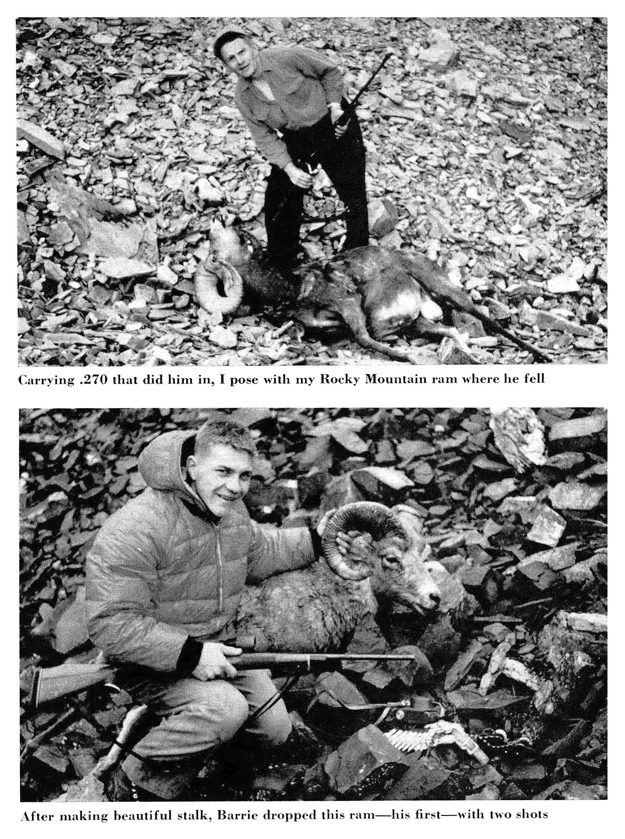 Vintage black and white photos of two sheep hunters on scree slopes.
