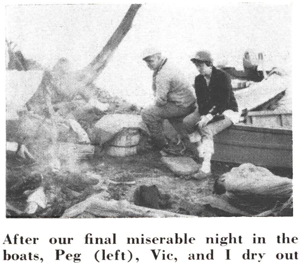 A black and white photo of campers at a trashed campsite.