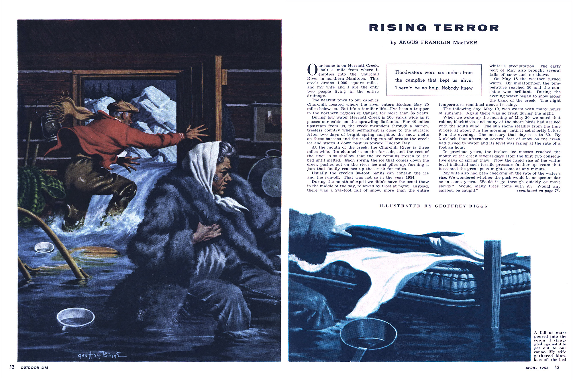A two-page spread of the magazine story "Rising Terror" in the April 1955 issue of OL.