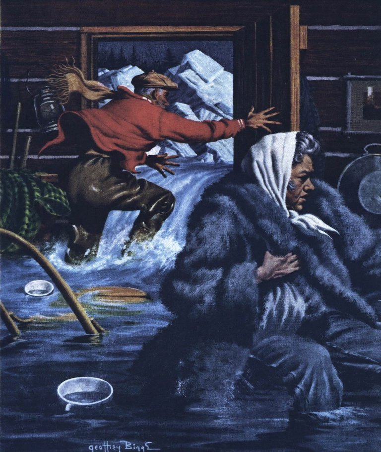 An illustration from the Outdoor Life story Rising Terror, which shows ice water flooding a cabin.