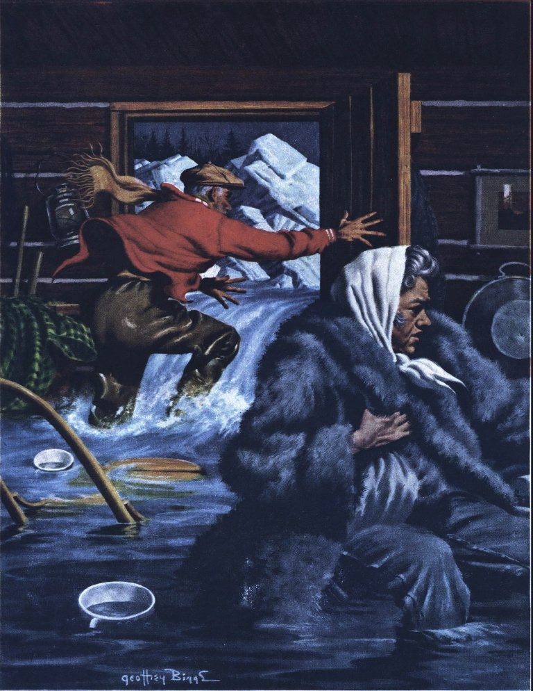 An illustration from the Outdoor Life story Rising Terror, which shows ice water flooding a cabin.