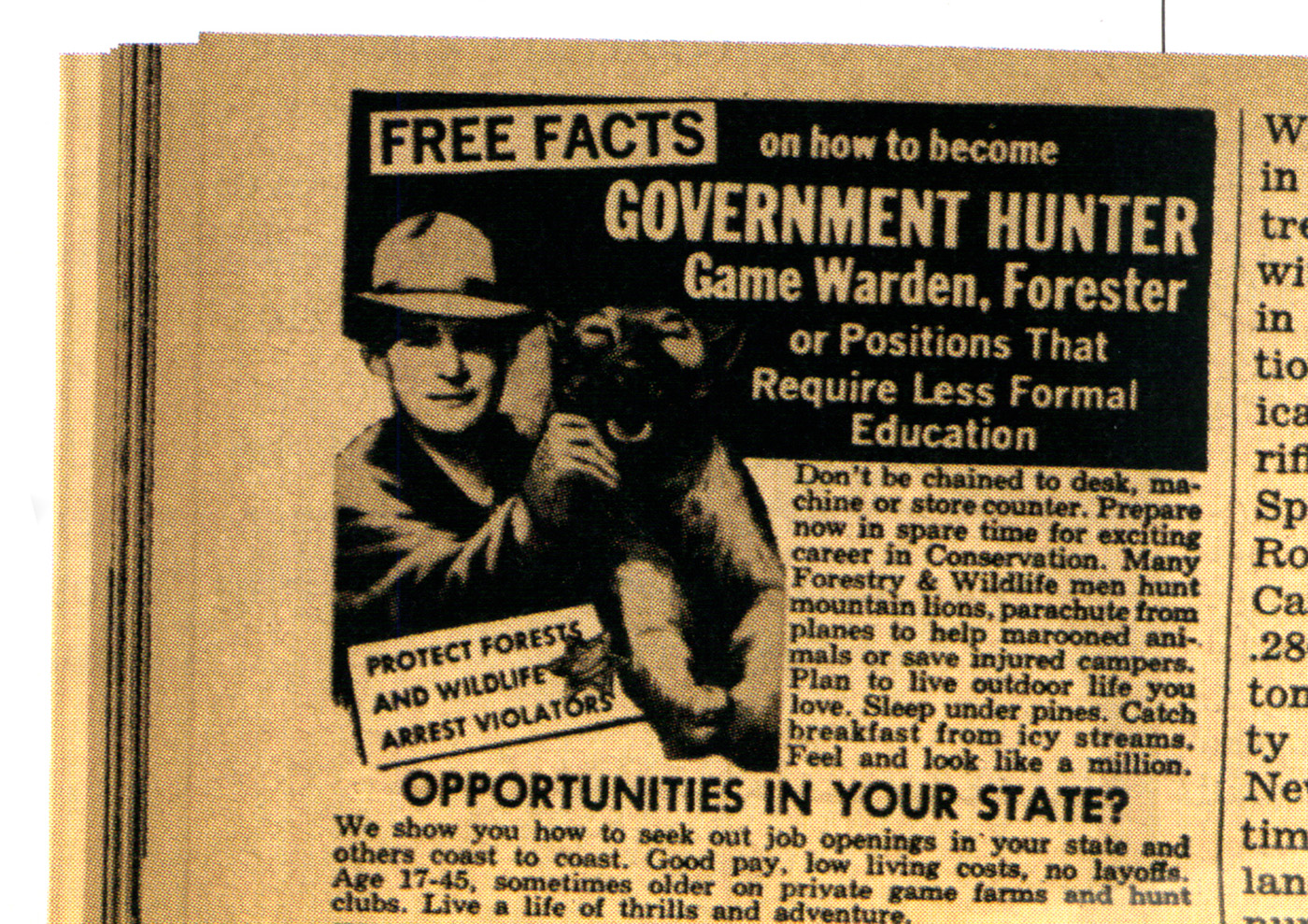 An old outdoor life ad that shows how to become a government hunter.