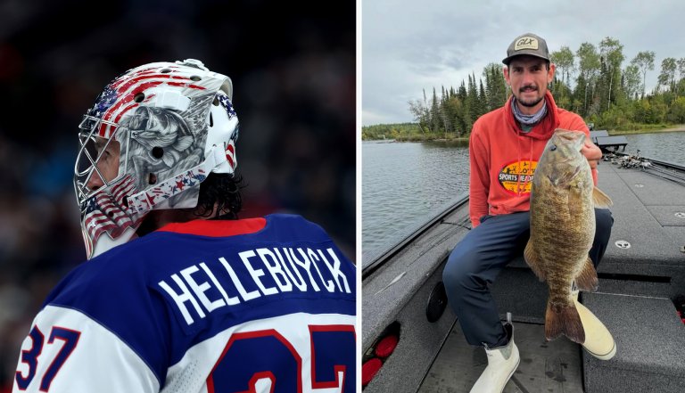 Team U.S.A.'s hockey goalie fishing on a lake.