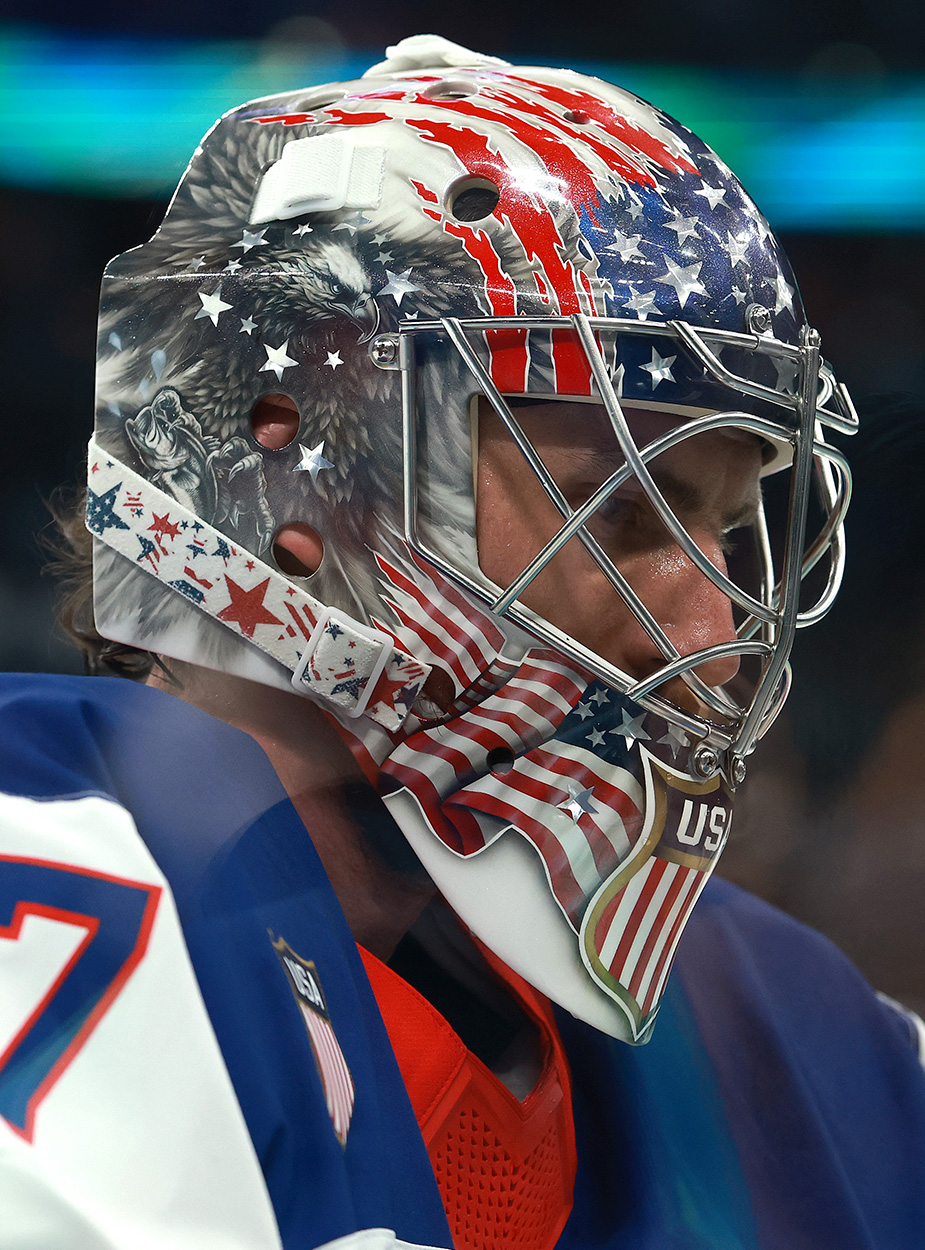 Team U.S.A.'s Connor Hellebuyck and his goalie helmet.