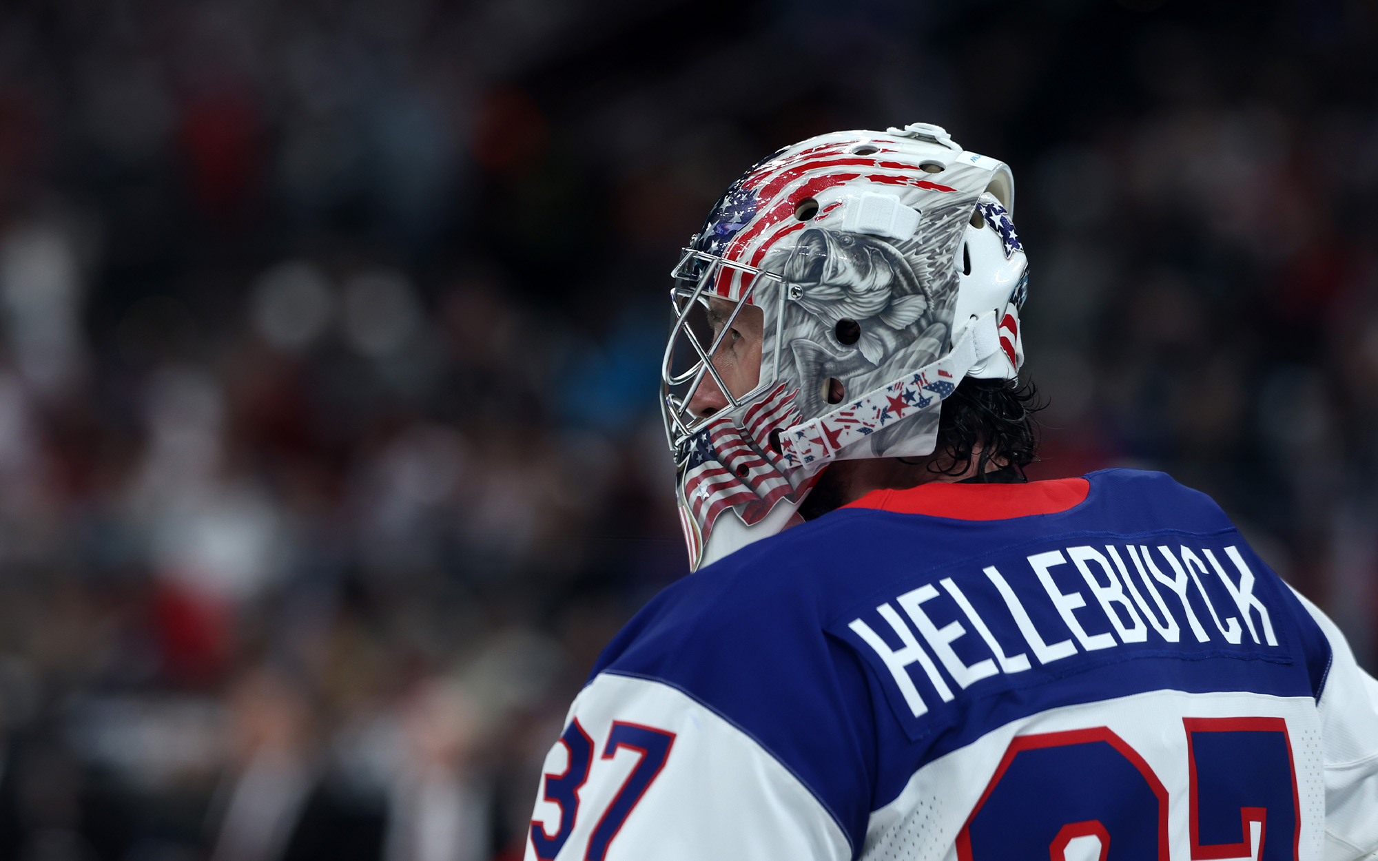 U.S.A. hockey goalie Connor Hellebuyck during the Olympic finals against Canada.