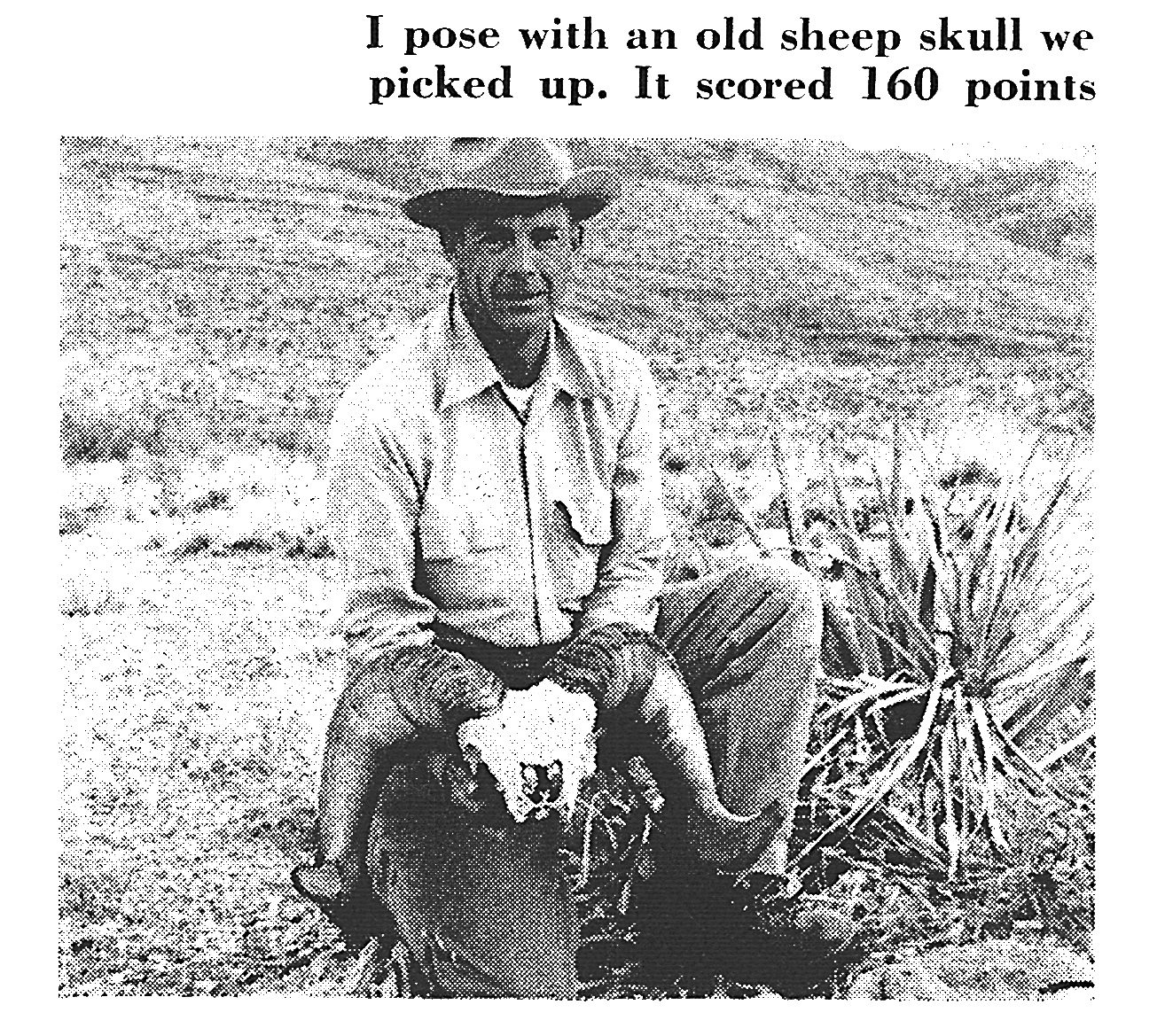 An old black and white photo of a man with a sheep deadhead.