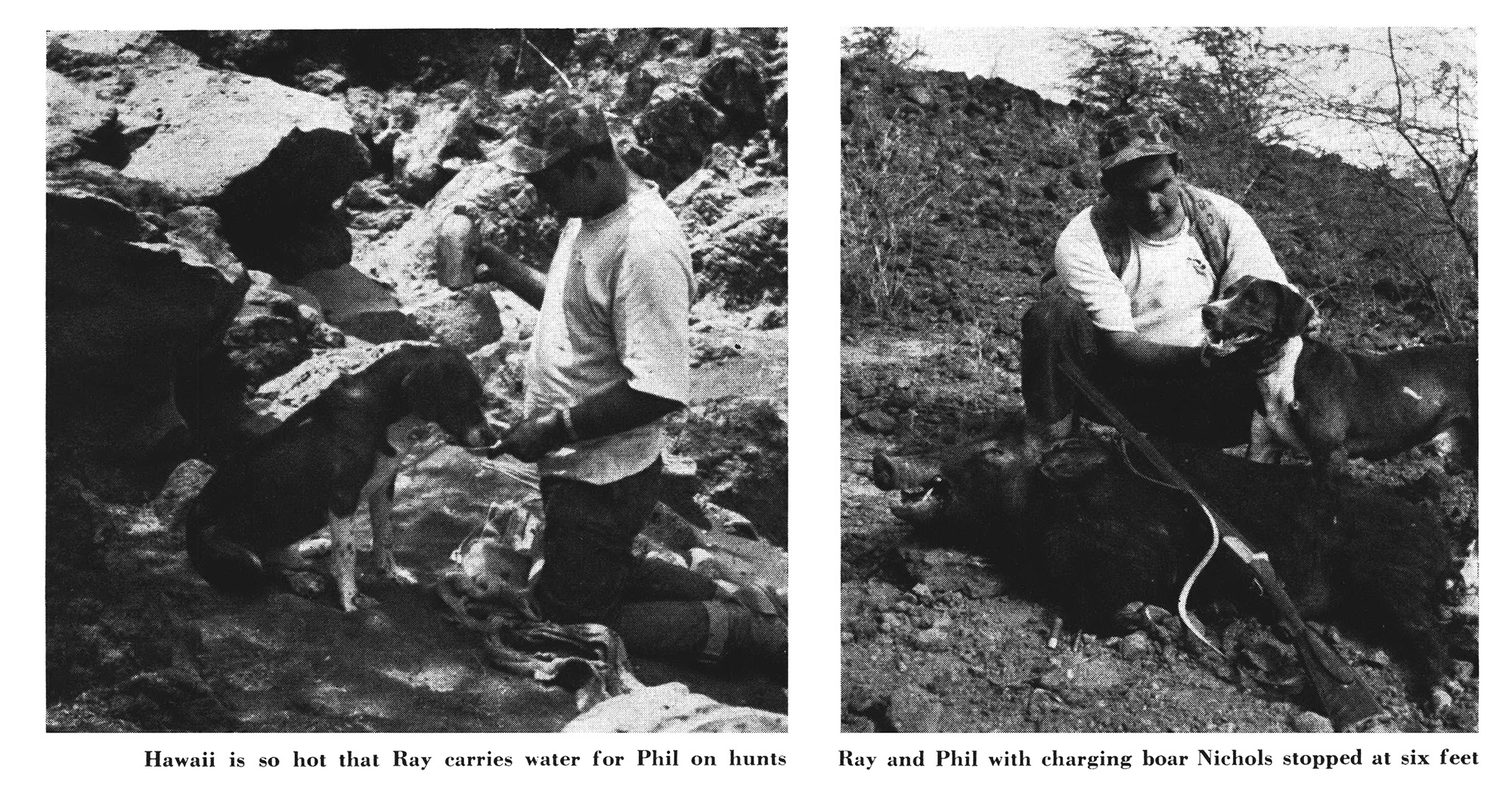 Black and white photos of a hog hunter in Hawaii and his dog