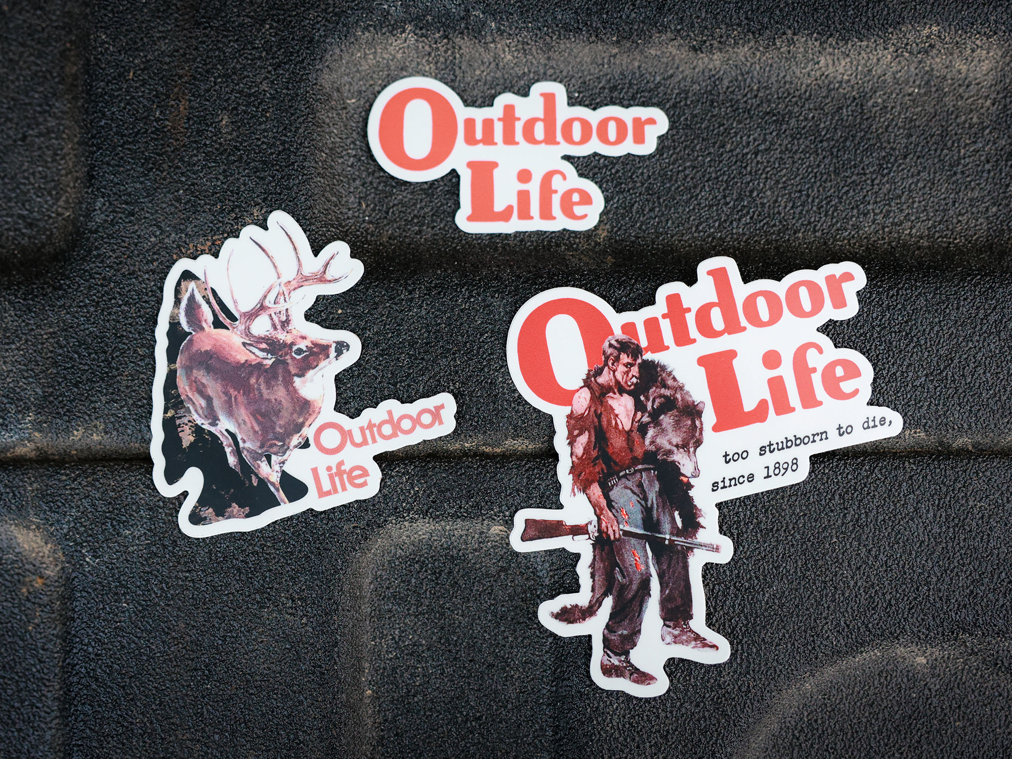 Three orange Outdoor Life stickers on a tailgate.