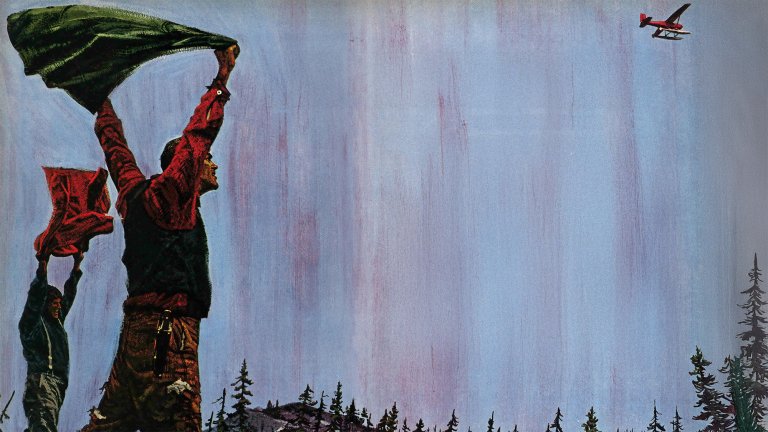 An illustration of two hunters waving at a plane.