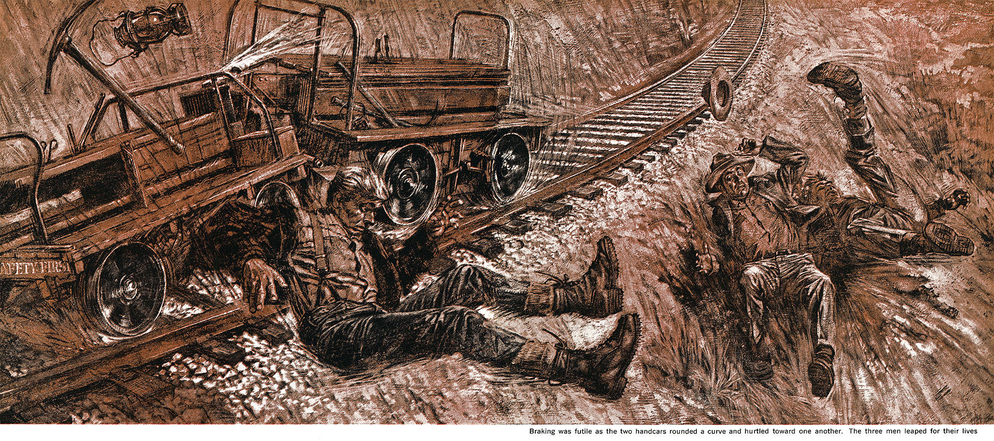 A brownish illustration of three men jumping off a small railway car.