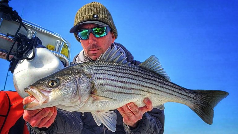 A man holds up a nice early season striper against a blue sky.
