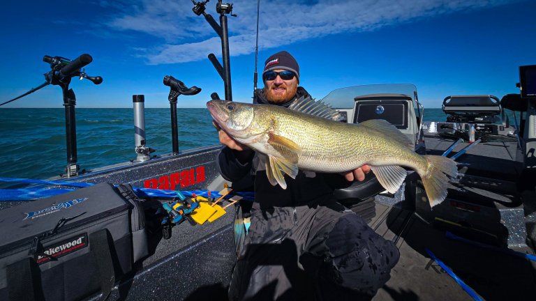 A walleye fisherman holds up a fat early-spring walleye.