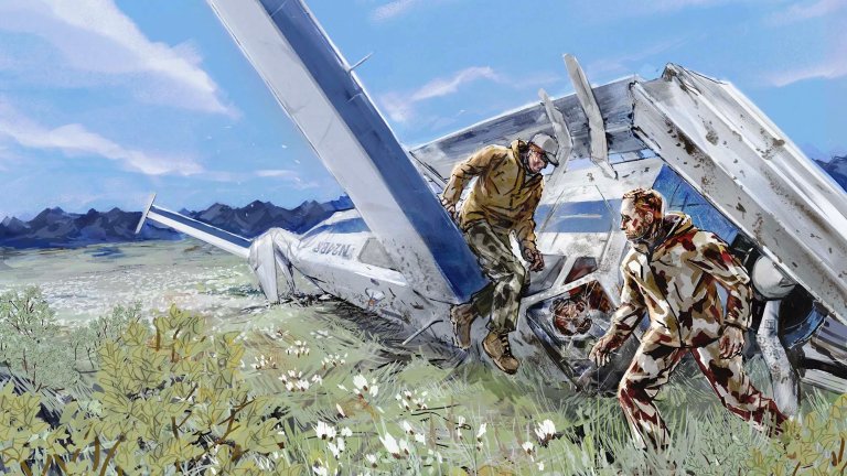 An illustration of two men escaping from a crashed plane as the pilot remains strapped in.