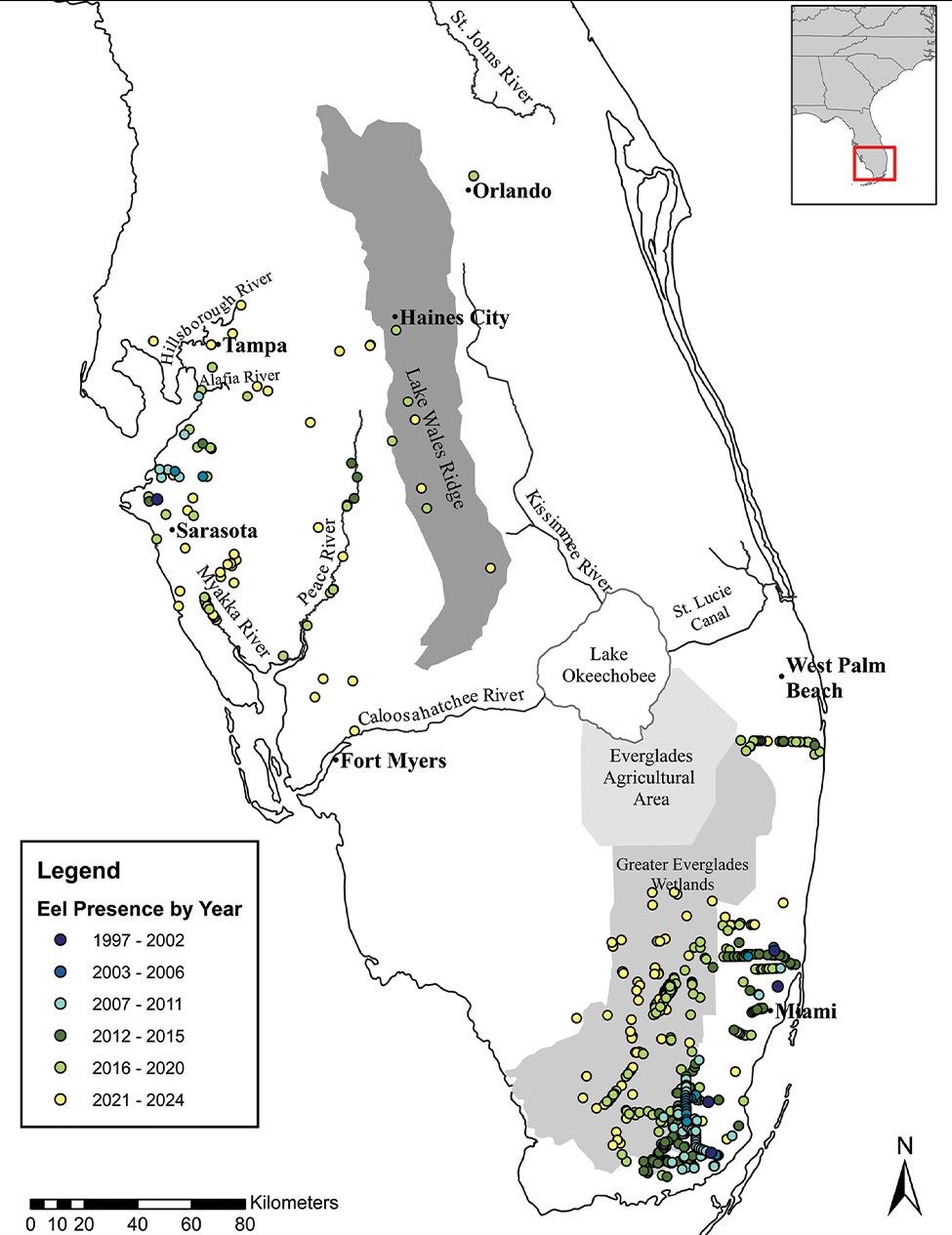 A map showing the spread of swamp eels in Florida.