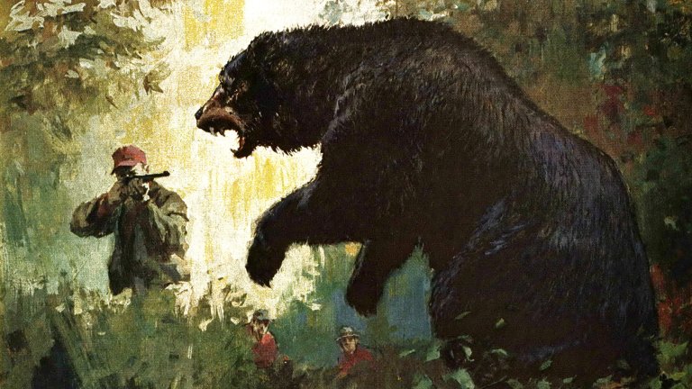 An illustration of a man-eating black bear facing off with a group of armed rescuers.