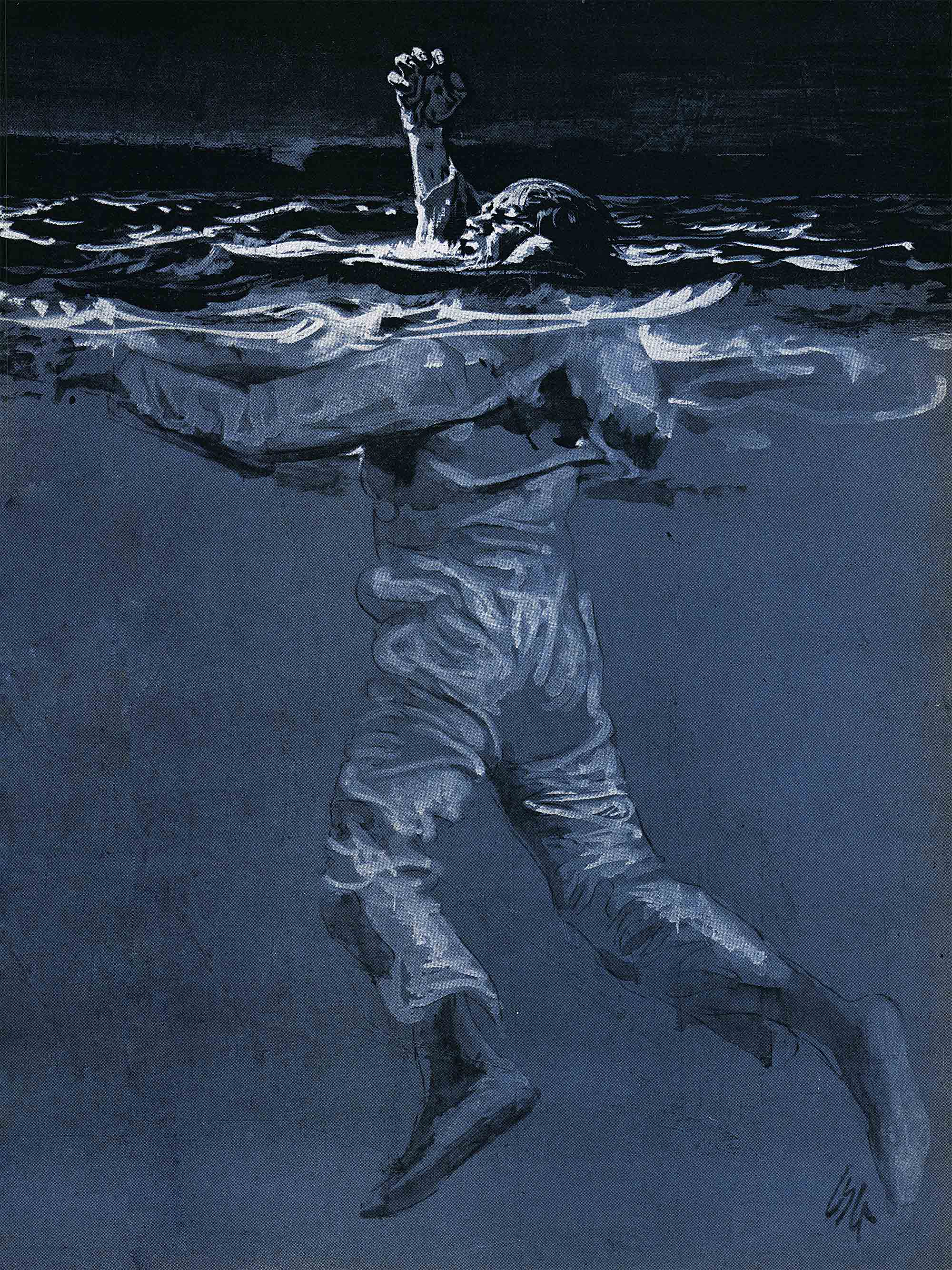 A full illustration of a blue black night scene showing a man fighting to stay afloat in the waves of the gulf.
