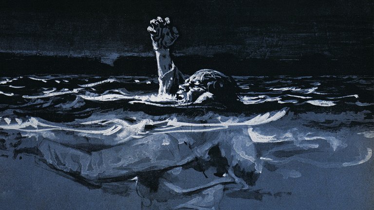 A blue illustration of a man trying to stay afloat in the ocean as he calls for help.