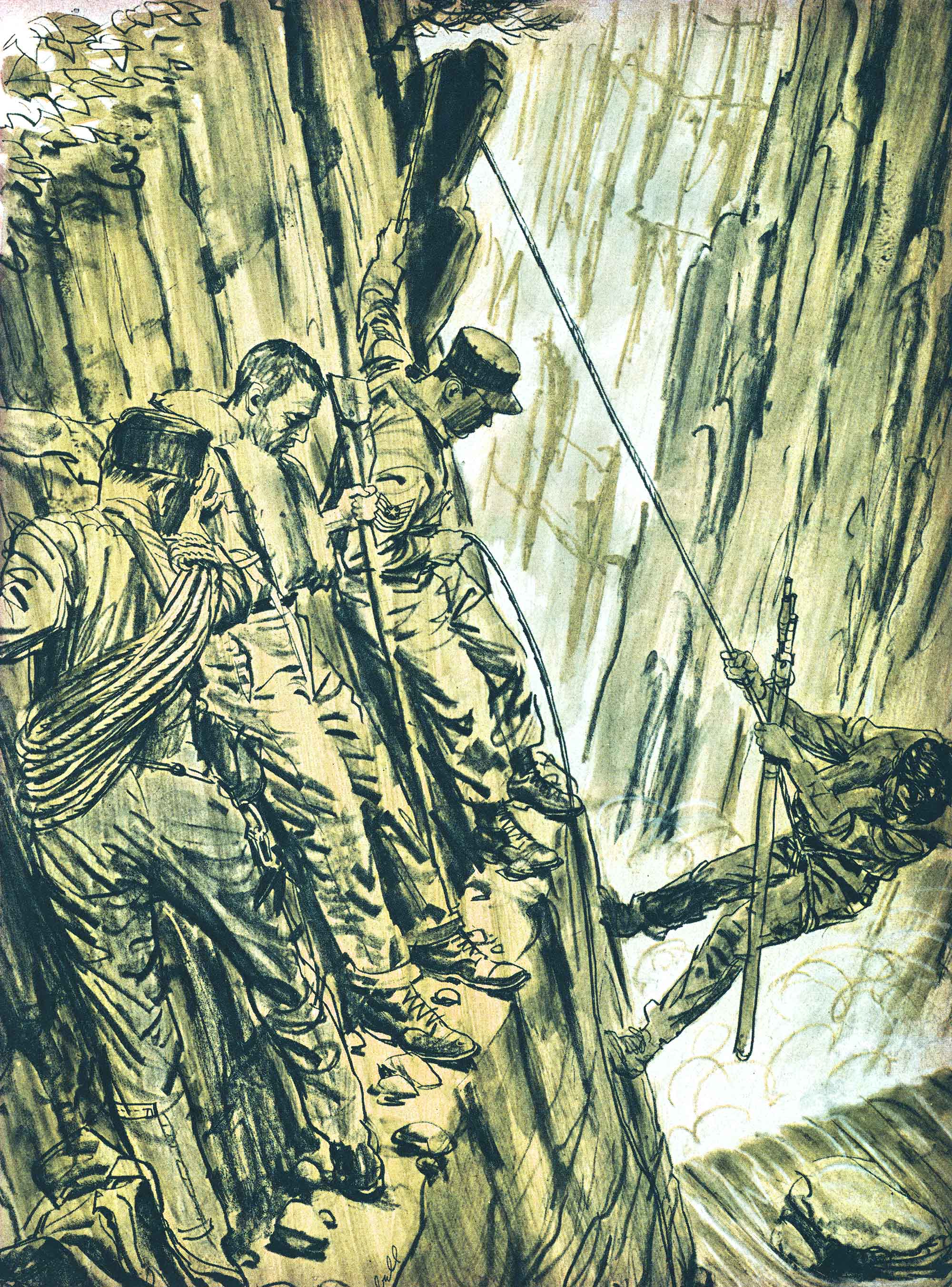 An illustration of a search and rescue in a canyon.