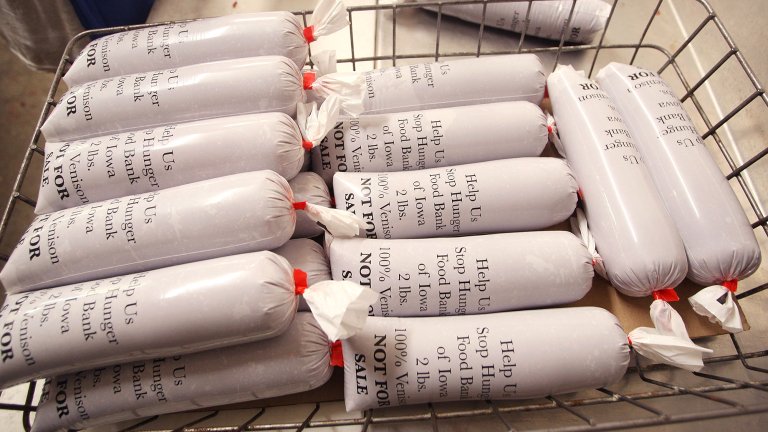 donated venison in a metal bin