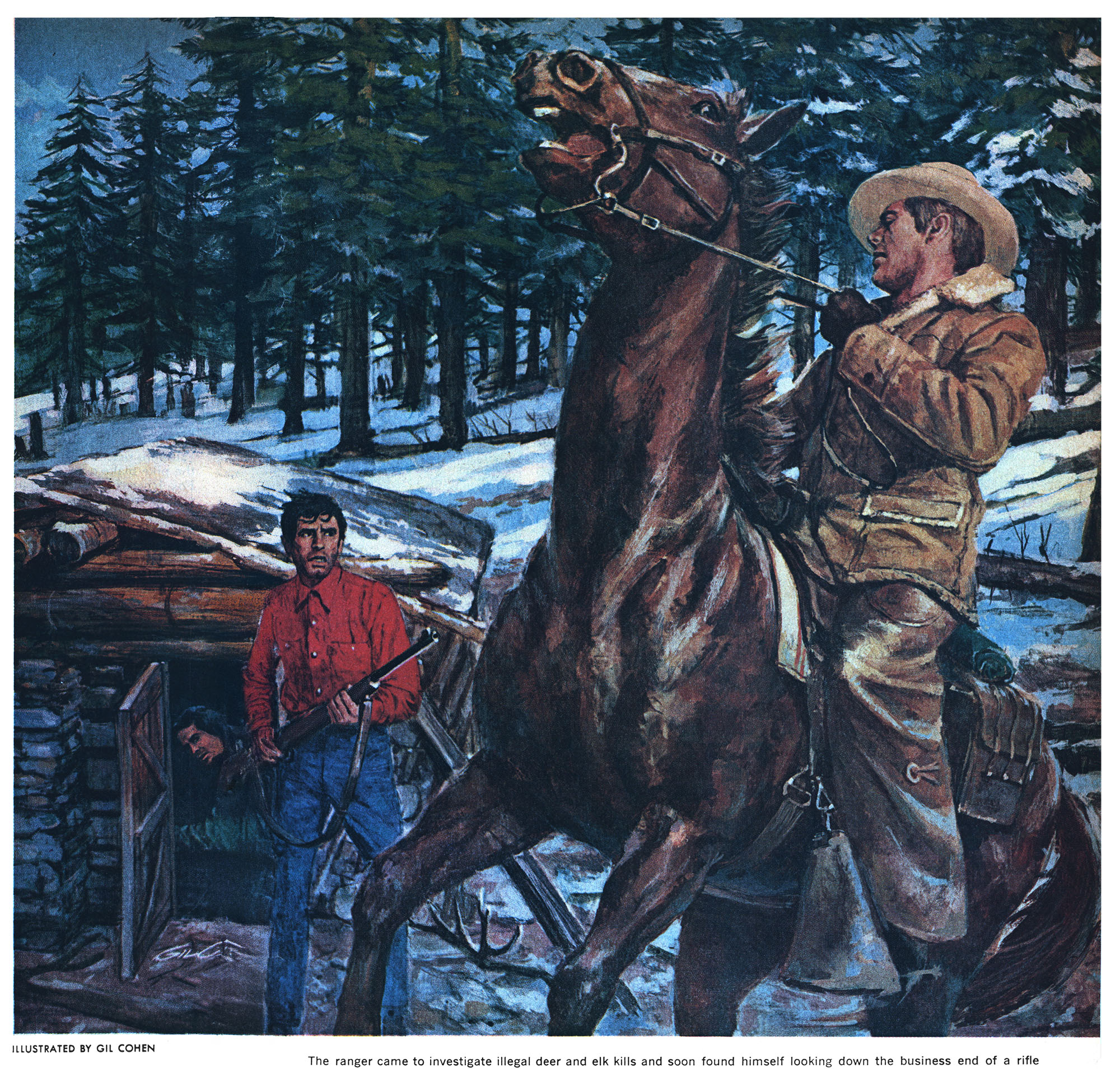 An illustration of a game warden riding a horse and facing a poacher with a rifle