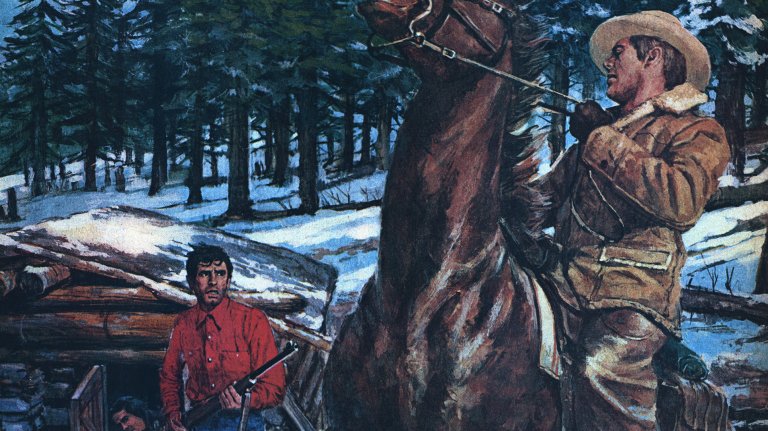 An illustration of a game warden riding a horse and facing a poacher with a rifle