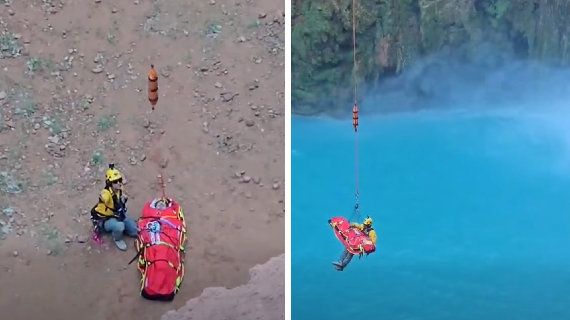 A rescuer with the NPS extracts a hiker with a helicopter.
