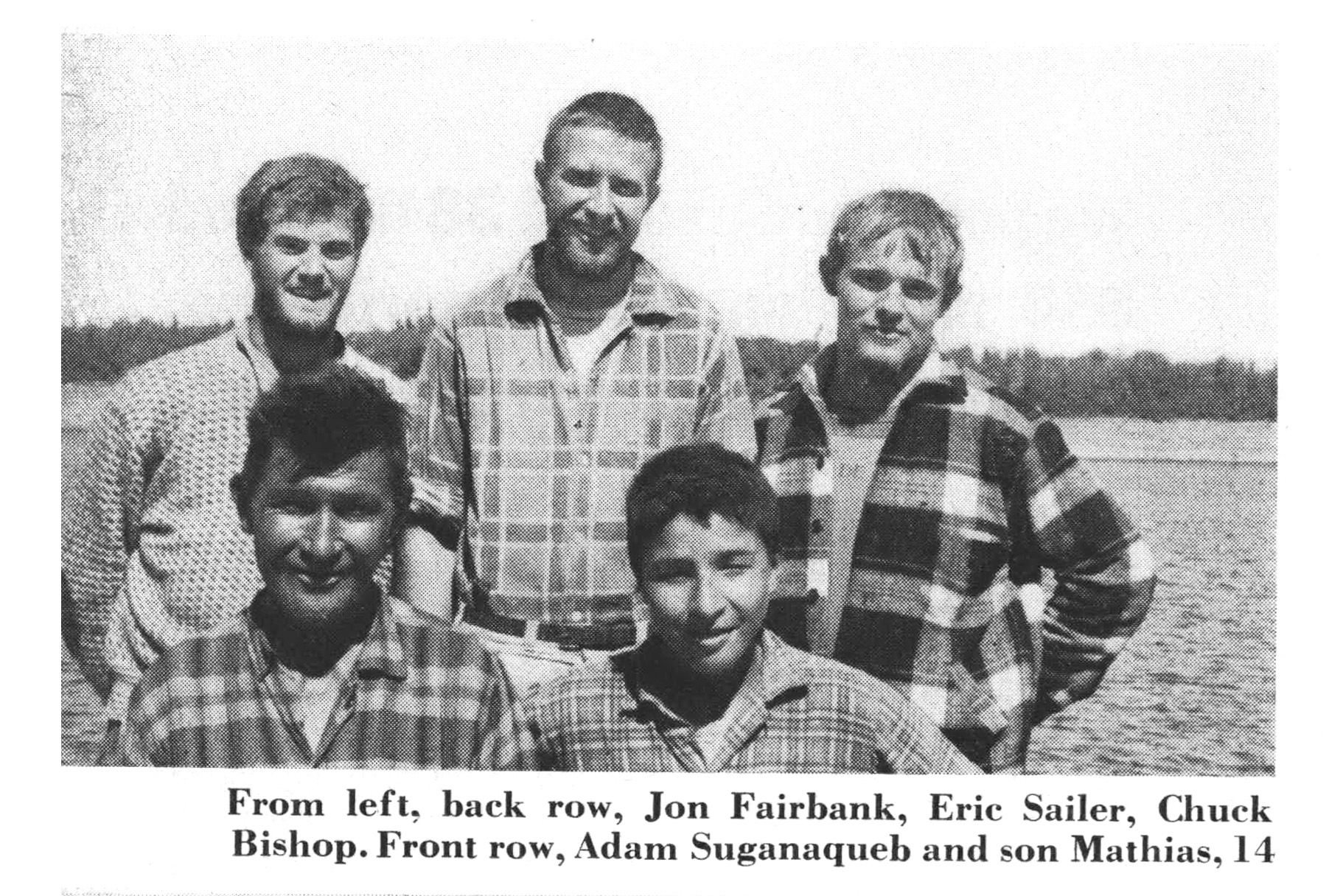 A black and white photograph of the crew who paddled to hudson bay.