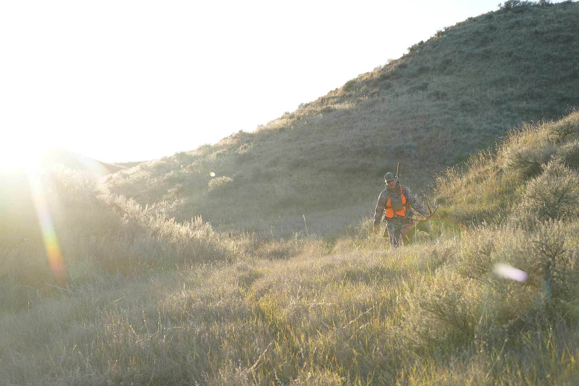 A hunter holds the head of a mule deer buck.