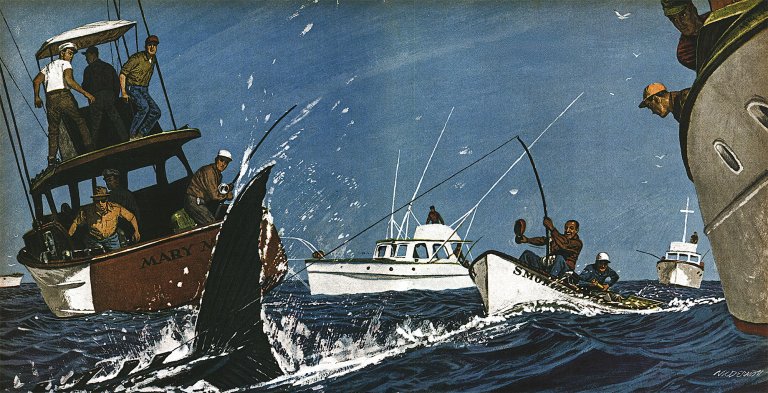 A color illustration of a bunch of people fishing for a giant tuna fish off the coast of montauk