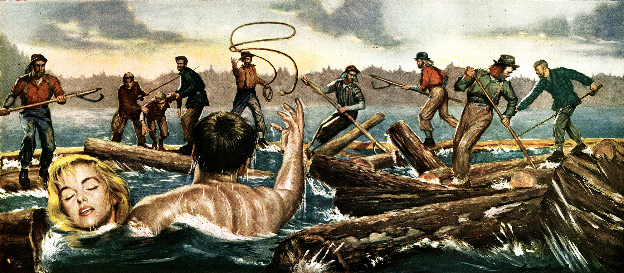 An illustration of loggers throwing a rope to rescue swimmers.