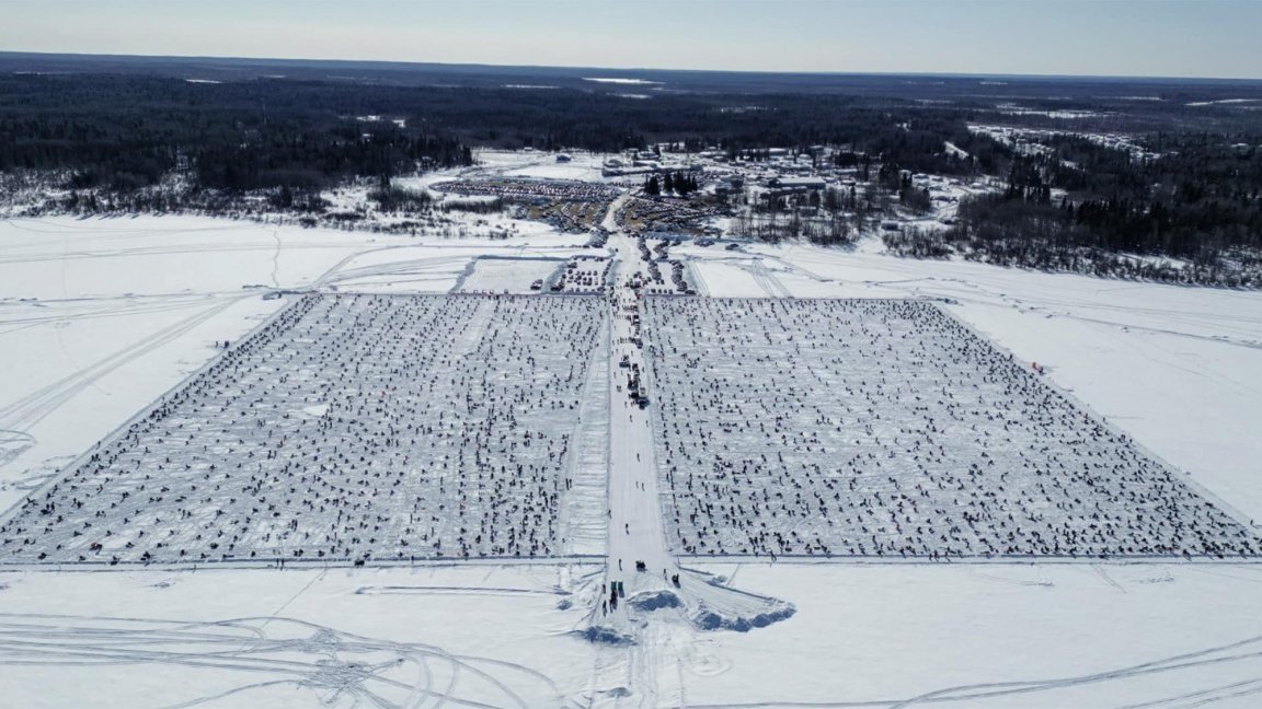An aerial view of an ice-fishing derby in Saskatchewan.